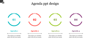 Agenda infographic featuring numbered circles in teal, red, green, and purple, each connected to descriptive captions.