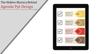 Agenda slide with four colored rows, each containing a checkbox, a step title, and a diamond marker, displayed on a tablet.