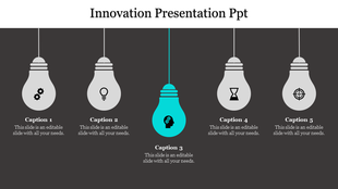 Innovation themed slide featuring five lightbulbs, each with an icon, with the central lightbulb illuminated in blue.
