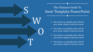 Blue SWOT template with large arrows labeled S, W, O, T pointing right and placeholder text areas on the side.