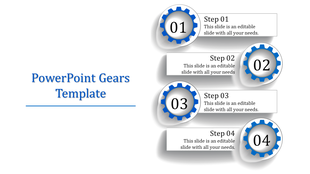 Visual template displaying four blue gear icons vertical, each labeled with step numbers and detailed caption areas.