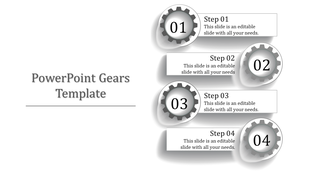 Slide featuring four gray gears numbered 01 to 04, each paired with a description box on a white background.