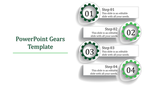 Four step PowerPoint template with green gears and captions for process presentation.