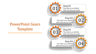 Orange themed gear template displaying four numbered gears with step descriptions, arranged vertically.