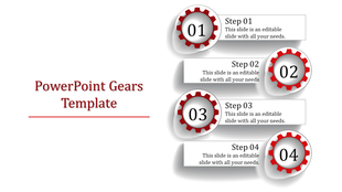Slide featuring four red gears numbered 01 to 04, each paired with a description box on a white background.