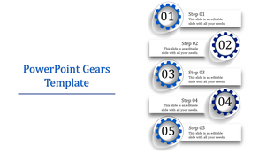 Gears-themed slide with numbered blue gears from 01 to 05, aligned with placehoder text areas for step details.