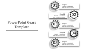 Gears PPT template featuring five steps with numbered gears in black and white with placeholder text.