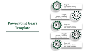 Vertical sequence of five green gears numbered 01 to 05, each paired with placeholder text boxes for steps.