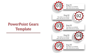 Gears design PPT slide with five numbered gears in red and white, illustrating steps in a process.