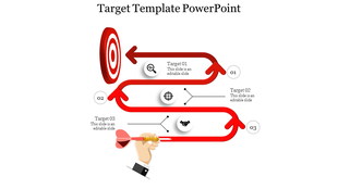 A red arrow path connecting three steps with circular icons, leading to a bullseye target on a white background.