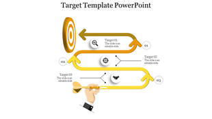 Yellow themed target PowerPoint template with three sections and a dart graphic.
