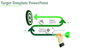 A green arrow path connecting two steps with circular icons, leading to a bullseye target on a white background.