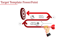 Red target PowerPoint slide with arrows and target sections with icons and placeholder text.