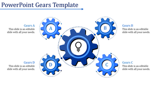 Circular arrangement of blue gears template with a central lightbulb gear and four surrounding labeled gears.