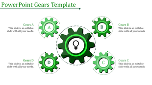 PowerPoint template with four green gears labeled A, B, C, and D with a central gear with a lightbulb.