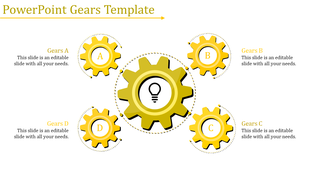 PowerPoint template featuring four yellow gears labeled A, B, C, D, with a central gear containing a lightbulb.