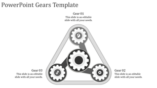 PowerPoint template with interconnected gears, labeled three gears each with sections.
