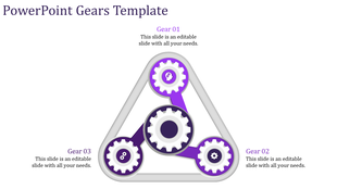 Triangular design with three purple and gray interlocked gears, labeled with captions on a white background.