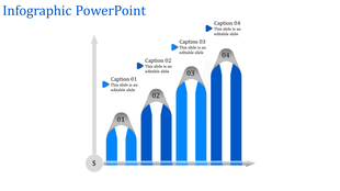Infographic PowerPoint slide with four blue bars of increasing height, each associated with a caption and placeholder text.
