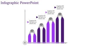 Infographic PowerPoint slide with four purple bars of increasing height, each accompanied by a caption and text.
