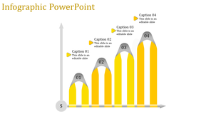 Infographic PPT slide with four yellow bars, each representing a step with captions and increasing height.