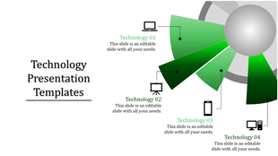 Technology infographic featuring a four green shades linked to icons such as a monitor, smartphone, and desktop.
