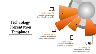 Slide with four orange segmented arcs pointing to icons representing various technology devices on white background.