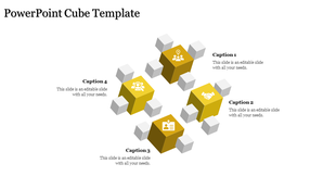 Four central yellow cubes showcasing icons for strategy, teamwork, and analysis, connected to neutral white cubes.