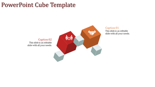 Cube PowerPoint slide with two cubes and icons, one showing a handshake and the other a discussion, with captions.