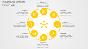 Yellow infographic template with eight circular segments around a central hub, each labeled with icons and captions.