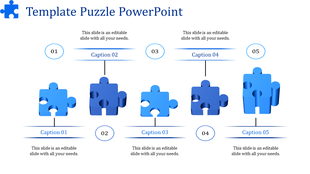 Five step puzzle template in blue shades, with numbered captions and vertically aligned connections.