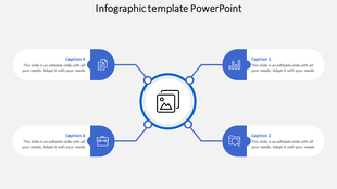Infographic layout featuring a central icon and four horizontally aligned steps with blue circular accents.