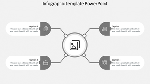 Gray themed infographic template with a central icon connected to four sections featuring captions and text.