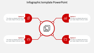 Four red-labeled sections radiate from a central image icon in a circle, forming a clean, stepwise infographic layout.