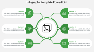 Circular infographic PowerPoint template with green icons and captions connected to a central image placeholder.