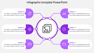 Circular infographic template with six sections connected to a central icon, each with captions and related symbols.