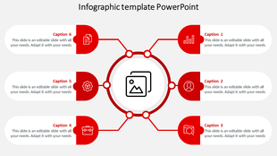 Infographic layout with six red circular shapes around a central image icon, connected by lines on a light background.