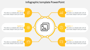 Circular infographic template with six yellow sections linked to a central placeholder icon, each with captions and icons.
