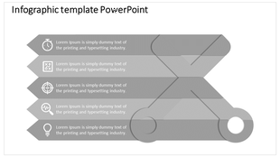 Infographic slide with overlapping five gray ribbon like layers arranged vertically with white icons on a light background.