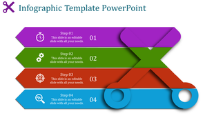 Modern infographic template of stacked banners in purple, green, red, and blue, each indicating a numbered step.