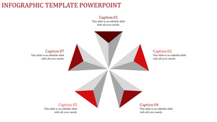 Circular infographic with five triangular segments in shades of red and gray, evenly spaced with captions around it.