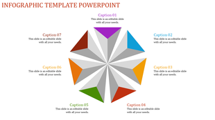 Infographic template featuring a colorful pie chart design with seven caption areas in white background.