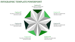 Modern infographic with eight pyramid triangular shapes in a radial layout, alternating green and gray, with captions areas.