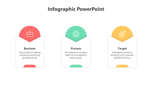 Three step infographic with red, green, and yellow semicircle icons above white text boxes for business concepts.