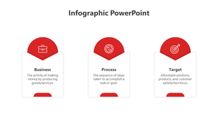 Horizontal infographic with three red semicircle icons and white text boxes for business, process, and target.