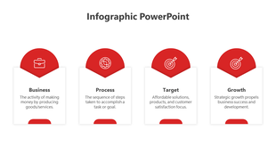 Horizontal infographic with four business-related stages, each represented by a red icon and a white rectangular text area.