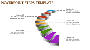 Colorful PowerPoint steps template with five steps in gradient colors, from blue to purple, with captions.