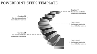 PowerPoint slide with a steps template showing a series of gray stairs with caption text sections.