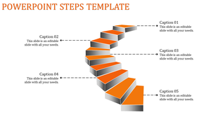 Spiral staircase infographic with five ascending steps, each linked to a placeholder caption via dashed lines.