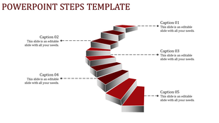 PowerPoint steps template with five colorful steps, each labeled with a caption and connected with dashed lines.